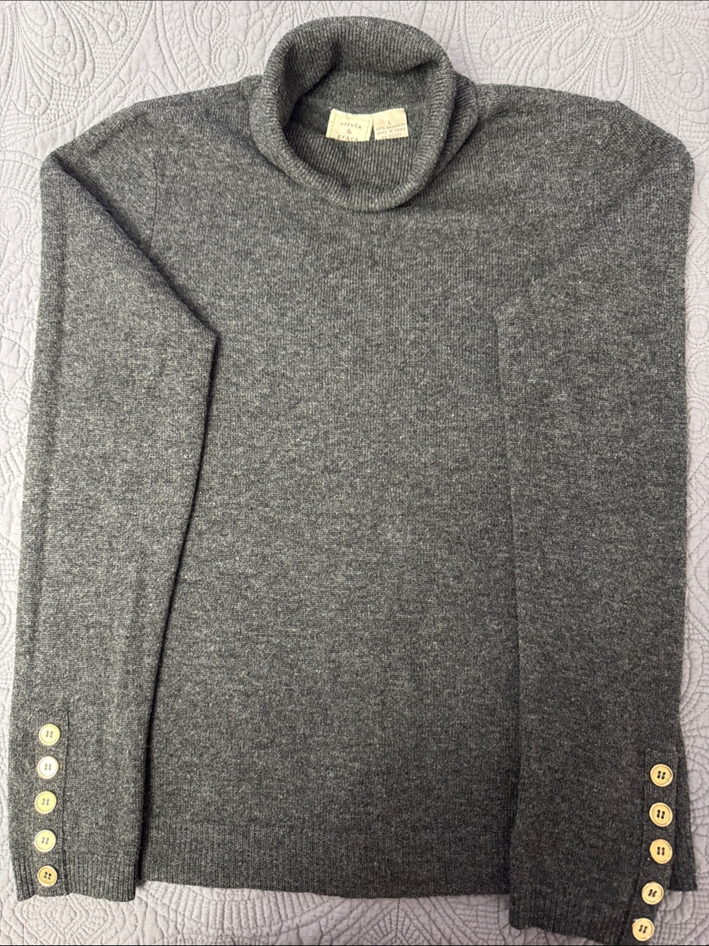 Gray Cashmere Turtleneck Sweater with Button Cuffs